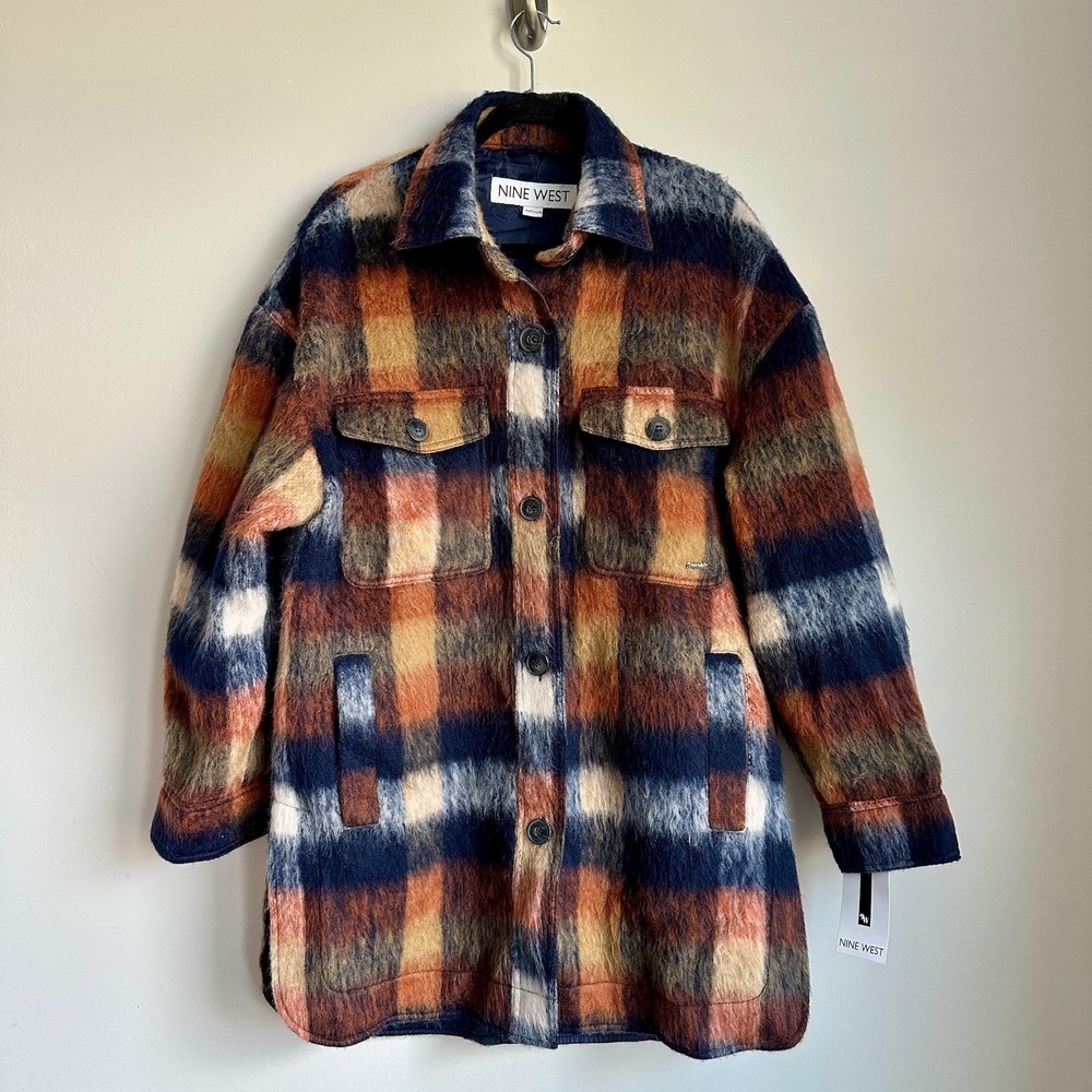 Nine West Jacket Womens Small‎ Orange Plaid Shacket Button Front Lined NWT